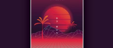 Synthwave poster template with red sunset