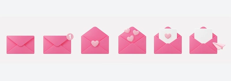 3D Pink Envelope Icons with Heart Notifications