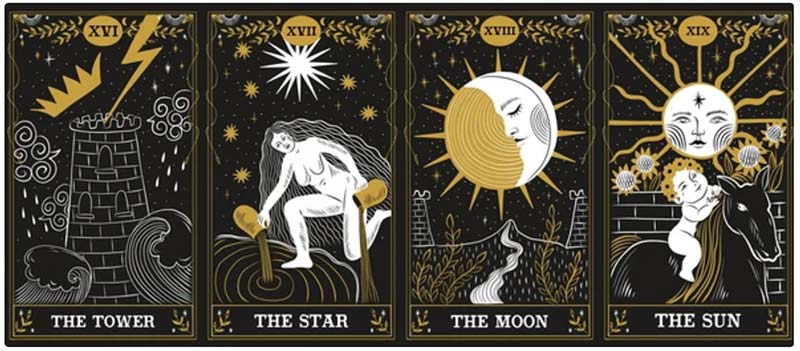 Vintage Style Tarot Cards in Gold and Black color combination.