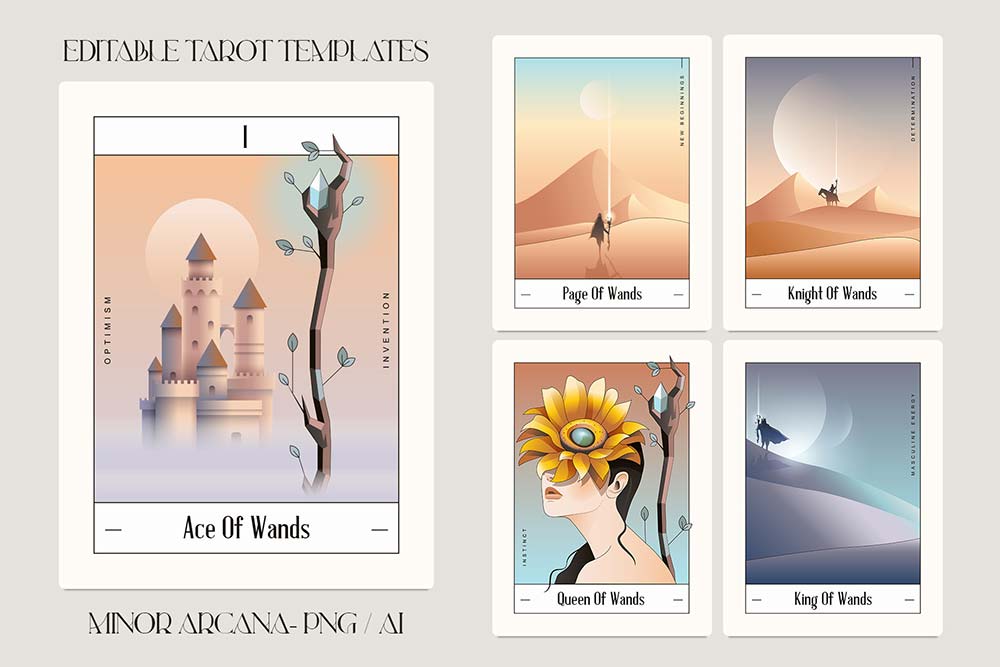 Minor Arcana Tarot Card Templates- Ace of Wands, Page of Wands, Knight of Wands,