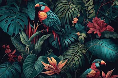 Tropical, exotic pattern with macaws and flowers
